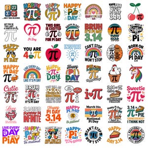 Può includere: Raccolta di grafiche e design a tema Pi Day. Include illustrazioni colorate con il simbolo Pi, testo come "Happy Pi Day" e varie frasi correlate. Perfetto per adesivi, abbigliamento o materiali didattici.
