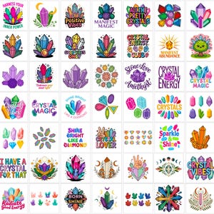 May include: A collection of colorful crystal illustrations with various designs and text. The designs include phrases like "Positive Vibes," "Manifest Magic," and "Crystal Lover." The crystals are in shades of pink, blue, green, and orange.