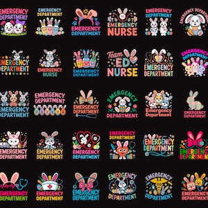 Op de afbeelding: Een verzameling kleurrijke grafische ontwerpen op een zwarte achtergrond. De ontwerpen tonen paashazen, medische symbolen en de woorden "Emergency Department" en "Nurse". De ontwerpen zijn in verschillende stijlen en kleuren.