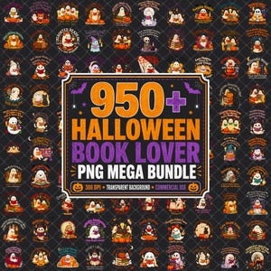 Puede incluir: Una colección digital de más de 950 diseños PNG de amantes de los libros de Halloween con fantasmas, esqueletos, calabazas y libros. El gráfico central muestra el texto 950+ HALLOWEEN BOOK LOVER PNG MEGA BUNDLE con etiquetas de 300 DPI.