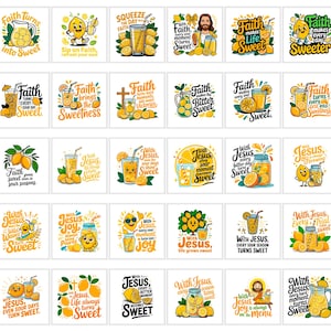 May include: A collection of square stickers featuring illustrations of lemons, lemonade, and religious themes. Each sticker has a unique design with phrases like "Faith Turns into Sweet" and "With Jesus, every sour moment turns sweet."