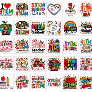 Puede incluir: Una colección de diseños coloridos con temática STEM. Cada diseño presenta texto como "STEM Teacher", "STEAM" y "Teach, Learn, Grow". Las imágenes incluyen corazones, manzanas, lápices y otros elementos educativos, perfectos para profesores y estudiantes.