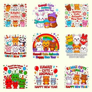 Ensemble animal kawaii du Nouvel An | Motifs PNG et SVG | joyeuses fêtes 300 ppp en téléchargement numérique