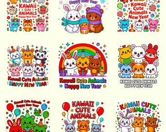 Kawaii Animal New Year Bundle | PNG & SVG Designs | happy holidays 300 DPI Digital  Download
