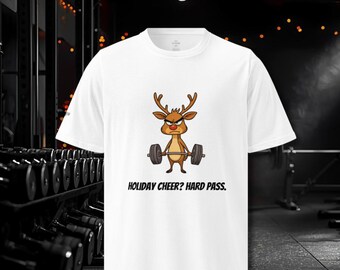Funny Christmas Gym T-Shirt • Holiday Cheer Hard Pass • Grumpy Reindeer Workout Tee • Sarcastic Christmas Shirt Printed on Premium Tee