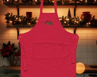 Embroidered Funny Christmas Apron, Grumpy Reindeer Holiday Kitchen Apron, Sarcastic Xmas Cooking Gift, Red Chef Apron for Women and Men