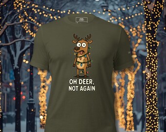 Funny Oh Deer Not Again Reindeer Shirt, Christmas Lights Holiday Tee, Cute and Humorous Xmas Shirt for Men and Women