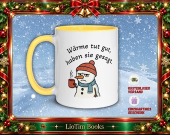 Snowman mug with a sarcastic saying, funny winter motif
