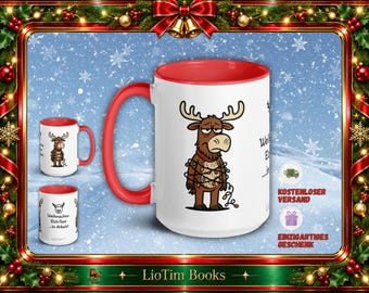 Christmas mug with annoyed moose and string lights