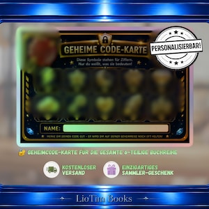 Könnte beinhalten: Eine rechteckige Karte mit der Aufschrift GEHEIME CODE-KARTE, schwarzem Hintergrund, goldenem Rand und einer Reihe unscharfer Symbole. Sie enthält ein weißes Namensfeld, ein Schloss-Symbol und ein rundes Abzeichen mit PERSONALISIERBAR.