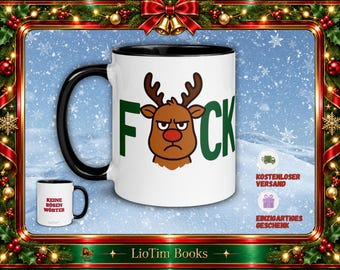 Christmas mug with reindeer and "F(CK)" motif, No bad words