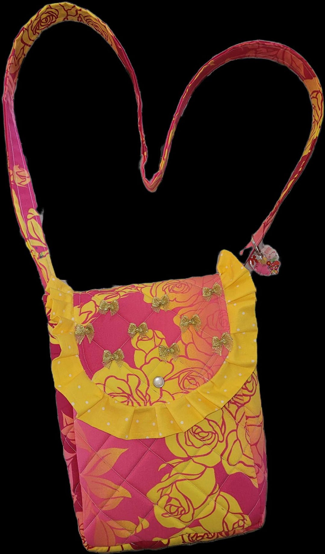 Handmade Quilted Crossbody Tote Bag Pink & Yellow Floral  display picture 2