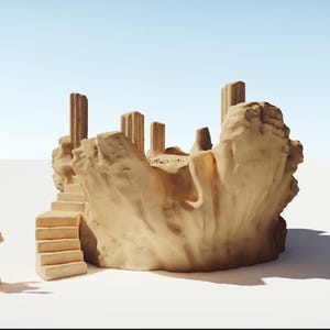 May include: A beige miniature model of an ancient ruin with a staircase, pillars, and a small figurine. The model is set against a light blue sky and a white surface, creating a sense of scale and antiquity.