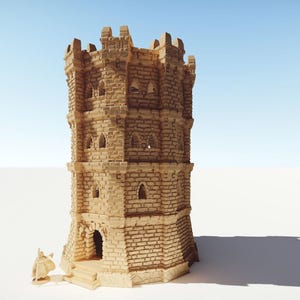 May include: A detailed model of a medieval castle tower, constructed from tan-colored stone blocks. The tower features arched windows, a small arched doorway, and a crenelated top. The model is set against a light blue sky.