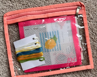 Pink Bow Needlepoint Beginner Kit: Hand Painted Needlepoint Canvas with Materials and Zipper Pouch