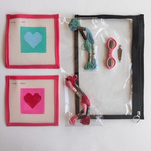 Two Hearts Starter Needlepoint Kit Two Hearts | DIY Craft Kit for Adult Beginners | 13-mesh Canvas with Clear Pouch and Everything Included
