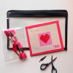Heart Needlepoint Starter Kit | Ndlpt Kit on 13-mesh Canvas for Beginning Needlepoint with Zippered Pouch | Starter DIY Needlepoint Kit
