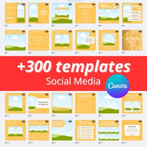 Puede incluir: Una colección de plantillas para redes sociales con temática de belleza y cuidado de la piel. Las plantillas presentan una variedad de diseños con texto y gráficos, incluyendo las palabras "SKIN CARE", "BEAUTY" y "SKINCARE TIPS". La imagen también incluye el texto "+300 templates Social Media Canva".