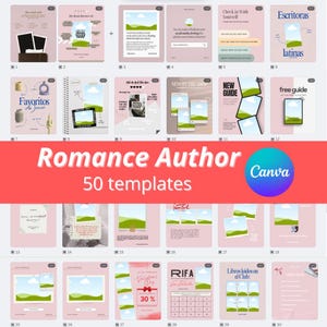Puede incluir: Un conjunto de 30 plantillas rosas de Canva para un autor de novelas románticas, con varios diseños para publicaciones en redes sociales, reseñas de libros y guías. Las plantillas incluyen marcadores de posición de texto e imagen, con un logotipo de Canva.