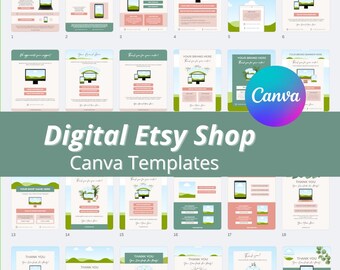 Op de afbeelding: Een verzameling digitale Etsy shop Canva-sjablonen. De sjablonen bevatten verschillende ontwerpen met computer- en telefoonillustraties, in tinten groen, roze en wit. De tekst "Digital Etsy Shop Canva Templates" is prominent aanwezig.