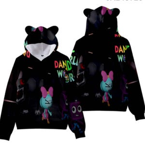 May include: Black hoodie with a colorful graphic design featuring cartoon characters and the text "DANDY WORLD". The hoodie has a bear-shaped hood with ears.