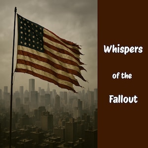 May include: An American flag, tattered and weathered, waves in the wind against a backdrop of a hazy cityscape. The flag's red and white stripes are faded, and the blue field with stars is visible. The text "Whispers of the Fallout" is on the right.