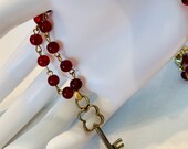 Red Glass Bead Necklace with Key - Handmade