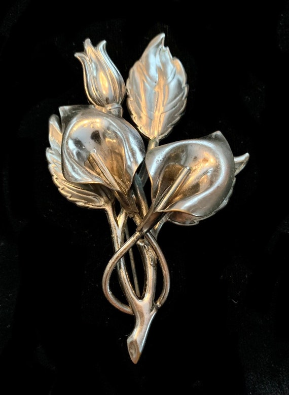 Stunning Silver Calla Lilies Brooch 1930s