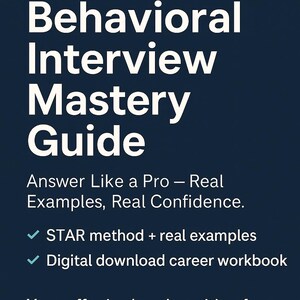 Puede incluir: Gráfico azul marino que promociona "Behavioral Interview Mastery Guide" de JobPrep Pros. El texto incluye "Answer Like a Pro", "STAR method" y "Digital download career workbook". El logotipo es un hexágono turquesa con contorno blanco.