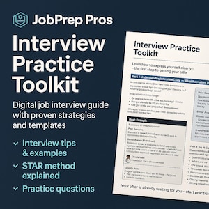 May include: An interview guide called "Interview Practice Toolkit" with the JobPrep Pros logo. The guide offers interview tips, STAR method explanations, and practice questions. The text on the right side of the image says "Learn how to express yourself clearly - the first step to getting your offer."