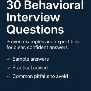 May include: A navy blue graphic with the text "JobPrep Pros" and "30 Behavioral Interview Questions" in white. The graphic also includes the phrases "Proven examples and expert tips for clear, confident answers", "Sample answers", "Practical advice", and "Common pitfalls to avoid".