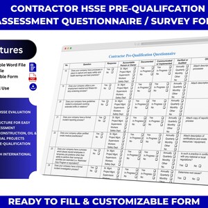 May include: A digital questionnaire for contractor HSSE pre-qualification assessment. The form is fully customisable, printable, and available in PDF and Word formats. It covers 47 key evaluation areas and is designed for construction, oil & gas, and industrial projects.