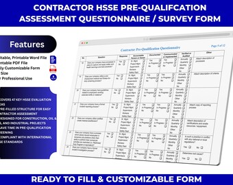 Contractor Safety Qualification Questionnaire for Assessment and Evaluation (Editable Word & PDF)