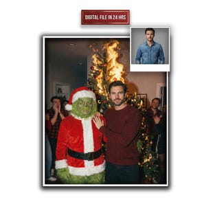 May include: A humorous photo shows a person dressed as the Grinch in a Santa suit, standing next to a man in a maroon sweater. A Christmas tree is on fire in the background. The image includes the text "DIGITAL FILE IN 24 HRS".