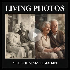 Peut inclure: Image avec le texte "LIVING PHOTOS" en haut et "SEE THEM SMILE AGAIN" en bas. L'image est divisée en deux sections, chacune montrant un couple de personnes âgées. Le côté gauche est une photo en noir et blanc, et le côté droit est une photo en couleur.