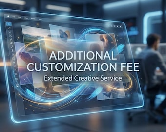 Könnte beinhalten: Ein digitales Tablet zeigt Bilder mit dem Text "ADDITIONAL CUSTOMIZATION FEE" und "Extended Creative Service". Das Tablet ist von blauen und goldenen leuchtenden Linien umgeben. Im Hintergrund arbeitet eine Person an einem Computer.