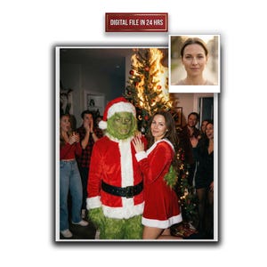 May include: A group of people celebrating, with a person dressed as the Grinch in a red Santa suit and a woman in a red dress. A Christmas tree is in the background. The text "DIGITAL FILE IN 24 HRS" is at the top.