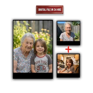 Könnte beinhalten: Ein gerahmtes Fotocollage mit drei Bildern: ein Porträt einer älteren Frau mit einem kleinen Kind, eine Nahaufnahme der älteren Frau und ein Foto des Kindes. Ein rotes Banner oben zeigt "DIGITAL DATEI IN 24 STUNDEN."