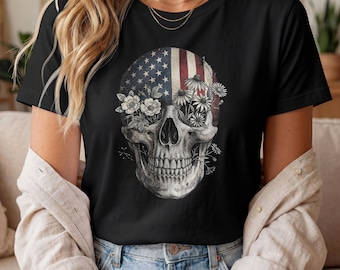America 250th Anniversary Skull Shirt, America 250 Tee, Patriotic Skull Floral Shirt, Vintage USA Flag Graphic, Fourth of July Tee