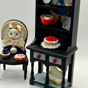 Hand-Painted Miniature Alice Inspired Cupboard with Red Knobs, Lace Accents, Tiny Furniture