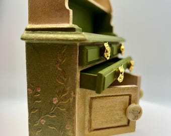 Farmhouse dollhouse furniture-- Green/Gold Buffet with Floral design ACCESSORIES INCLUDED!