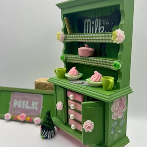 Victorian dollhouse furniture-- Green/Pink Cow Cupboard with Matching Sign and Stool  BONUS ACCESSORIES!
