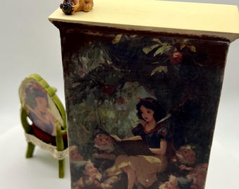 Hand-Painted Ivory Snow White Bookcase & Chair Set – Dollhouse Miniature Furniture
