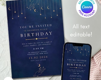 Celestial Invite | Moon and Star Witch Birthday Invitation | Editable Canva Template | Mystic Party Invitation