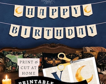 Moon Party Bunting Printable | Custom Name Banner | Happy Birthday Witch Garland | Party Decor Instant Download