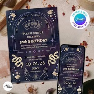 May include: A dark purple birthday invitation with gold accents and the text "The Cards Reveal a Night of Mischief." The invitation includes the text "Please Join Us for Beth's 30th Birthday." A smartphone displays the same design.