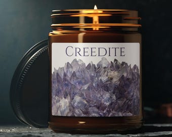 Purple Creedite Candle | Amber Glass 9oz Vegan Soy Wax | Lavender Crystal Gift & Mineral-Inspired Decor