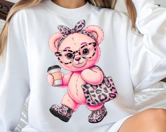 Leopard Pink Coffee Teddy Bear PNG, Girly with Glasses and Purse, Fashion Animal Print