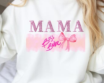 Mama Boss Babe PNG – Pink Bow Design, Sassy Mom Shirt Graphic, Digital Download