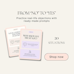 Pode incluir: Duas cartas rosa claro com texto, uma com a frase "SEU CONCORRENTE TEM MAIS RECURSOS" e a outra "POR QUE DEVO CONFIAR EM VOCÊ?". As cartas fazem parte de um conjunto para praticar objeções da vida real.